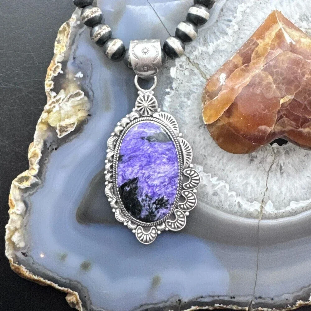 Sterling Southwestern Style Large Oval Charoite Decorated Pendant For Women